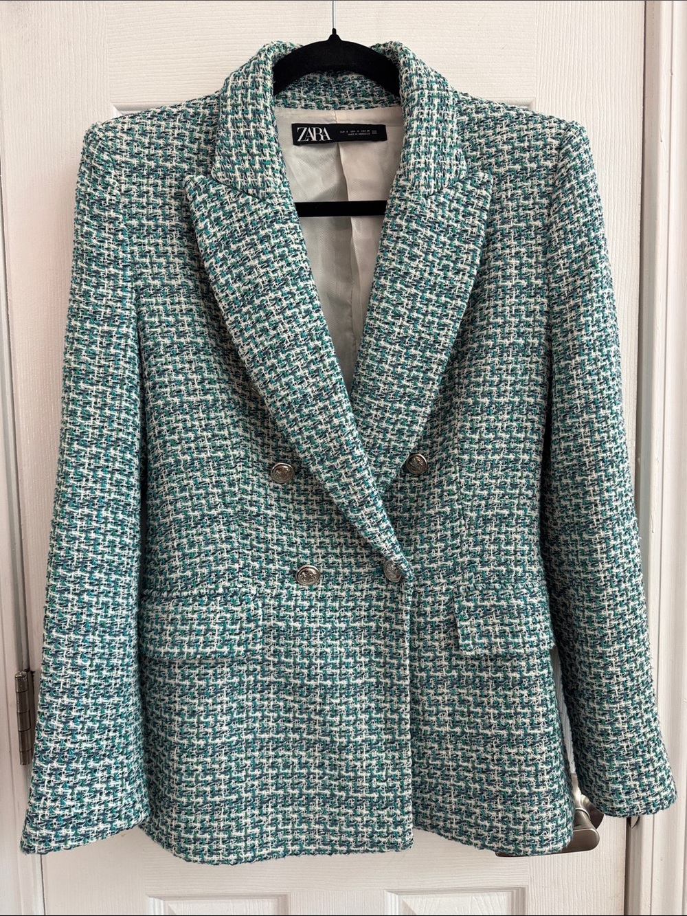 ZARA Double Breasted Textured Tweed Blazer Blue Green White Size Small